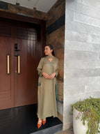 Olive Blue Embroidered Open Shirt Set