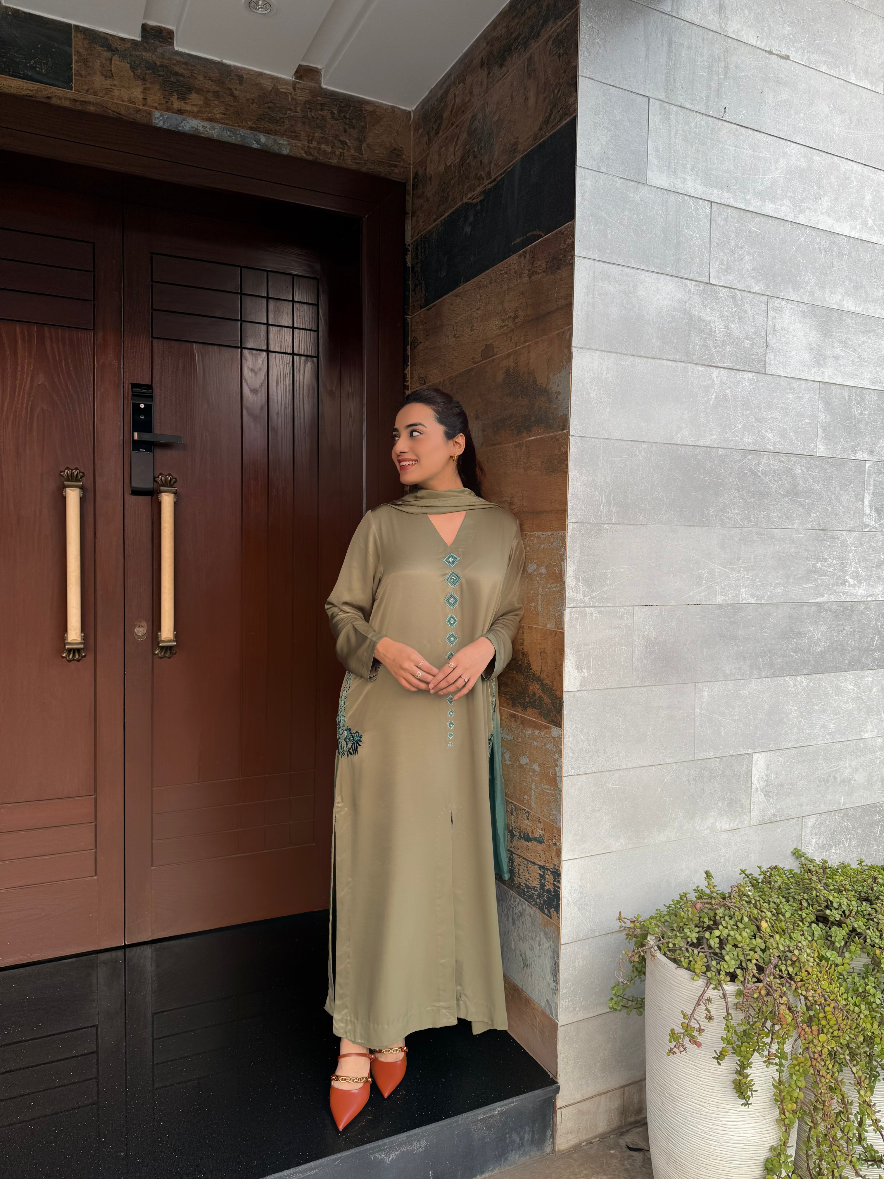 Olive Blue Embroidered Open Shirt Set