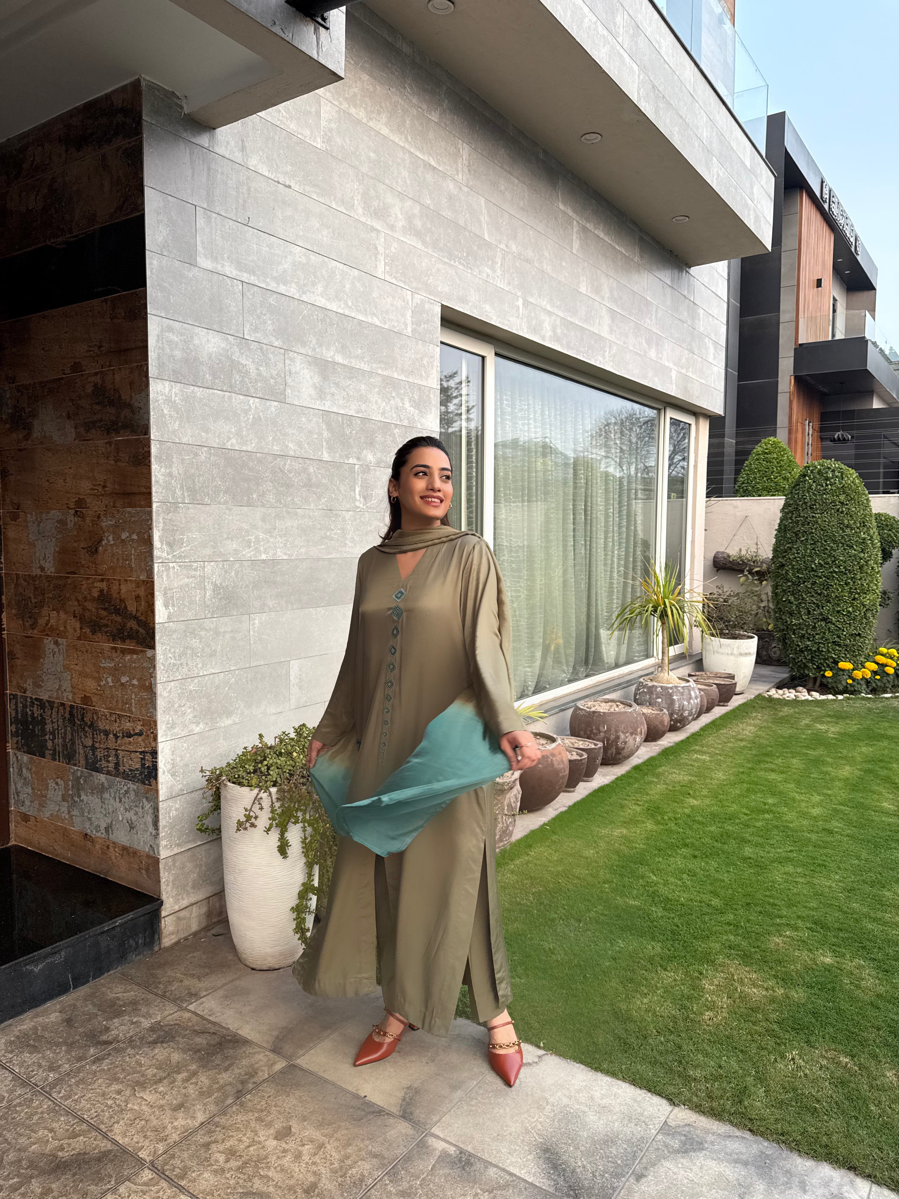 Olive Blue Embroidered Open Shirt Set