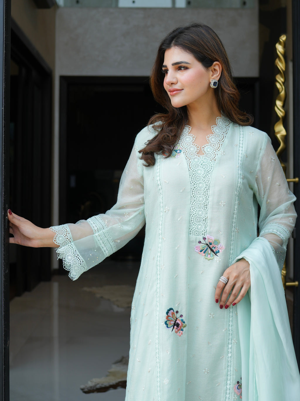Coral Green Embroidered Khaadi Net Set