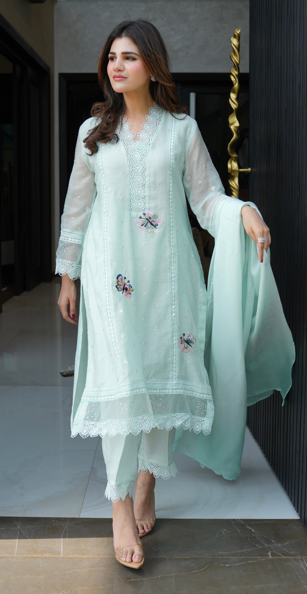 Coral Green Embroidered Khaadi Net Set