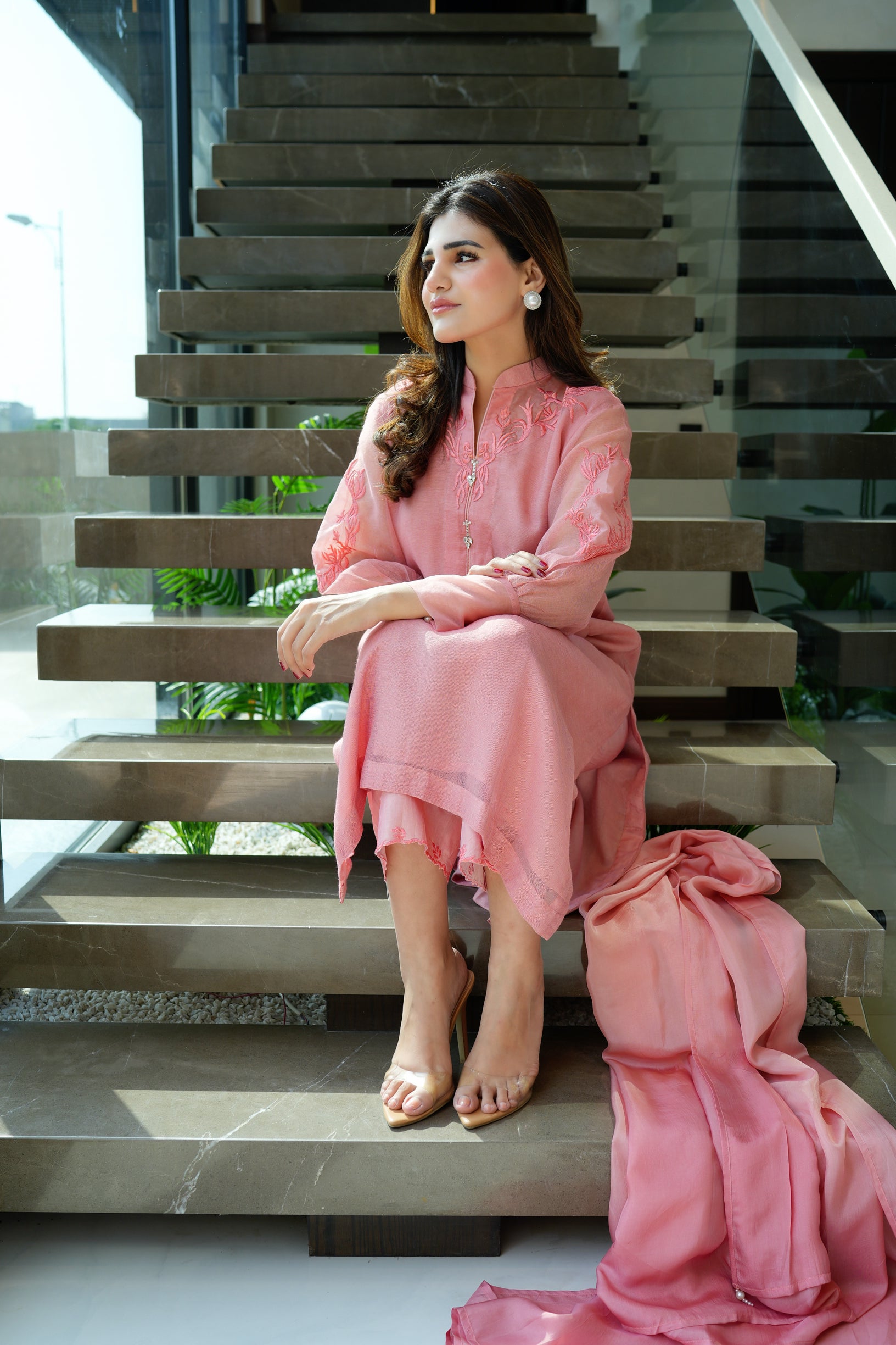 Pink Embellished Khaadi Net Set