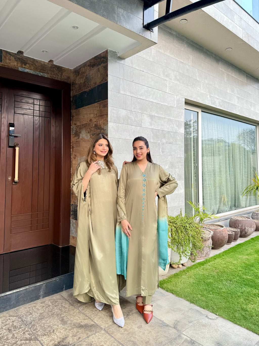 Olive Blue Embroidered Open Shirt Set