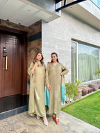 Olive Blue Embroidered Open Shirt Set