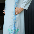 Blue Embellished Butter Silk Set