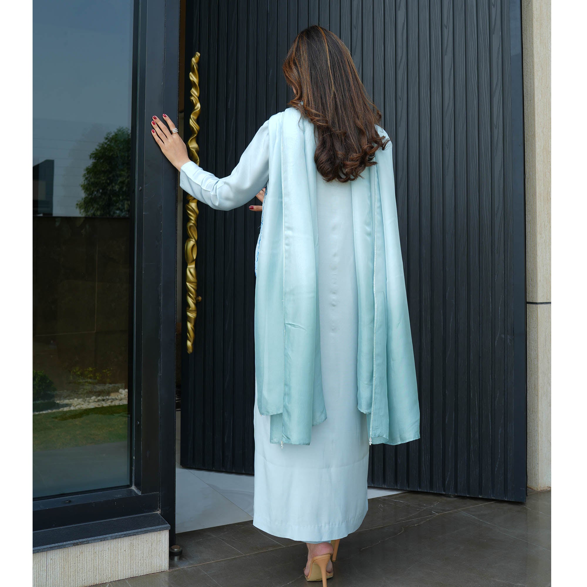 Blue Embellished Butter Silk Set
