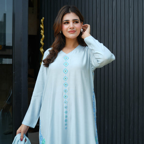 Blue Embellished Butter Silk Set