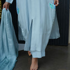 Blue Embellished Butter Silk Set